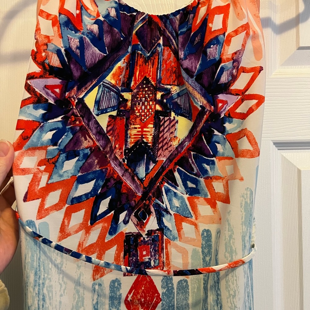 Pink Owl Aztec Burst Maxi Dress size Large Coral, blue, and purple